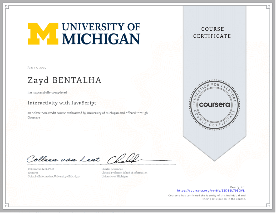 Interactivity with JavaScript certificate