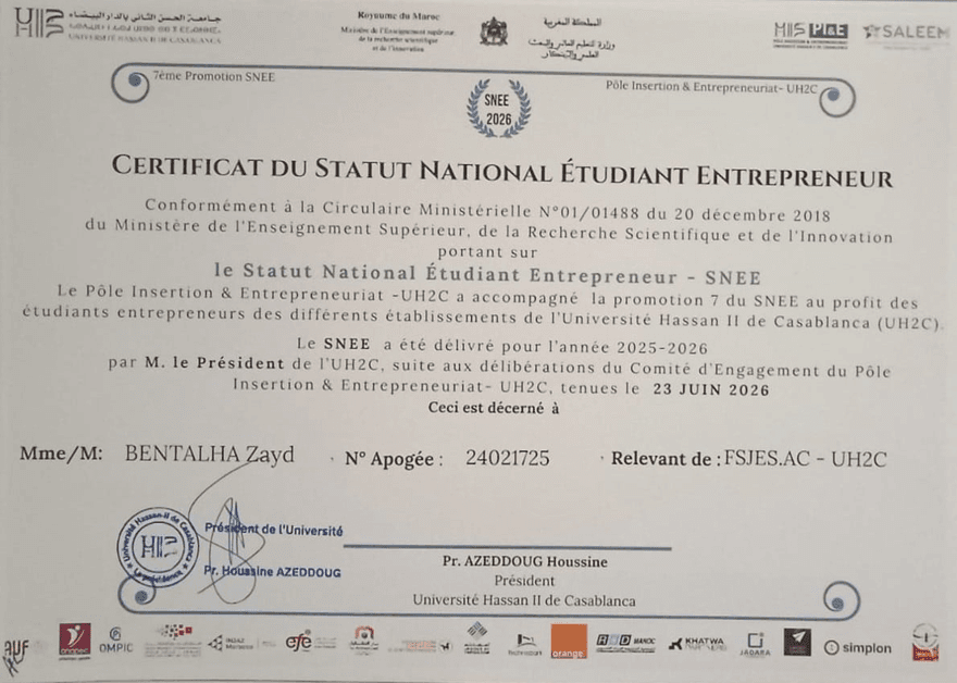 National Student Entrepreneur status certificate, Université Hassan II de Casablanca